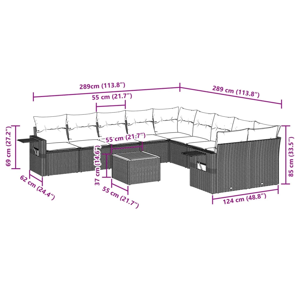 Set Divani da Giardino 11 pz con Cuscini in Polyrattan Nero