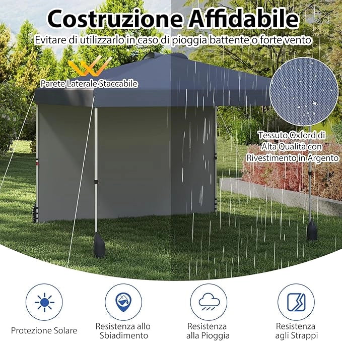 Gazebo Pieghevole 3 x 3 m, Gazebo da Esterno con Borsa con Ruote, Picchetti, Ancoraggi, Corde del Vento, Sacchi di Sabbia e Copertura Ventilata, Tendone Impermeabile per Feste (Grigio)