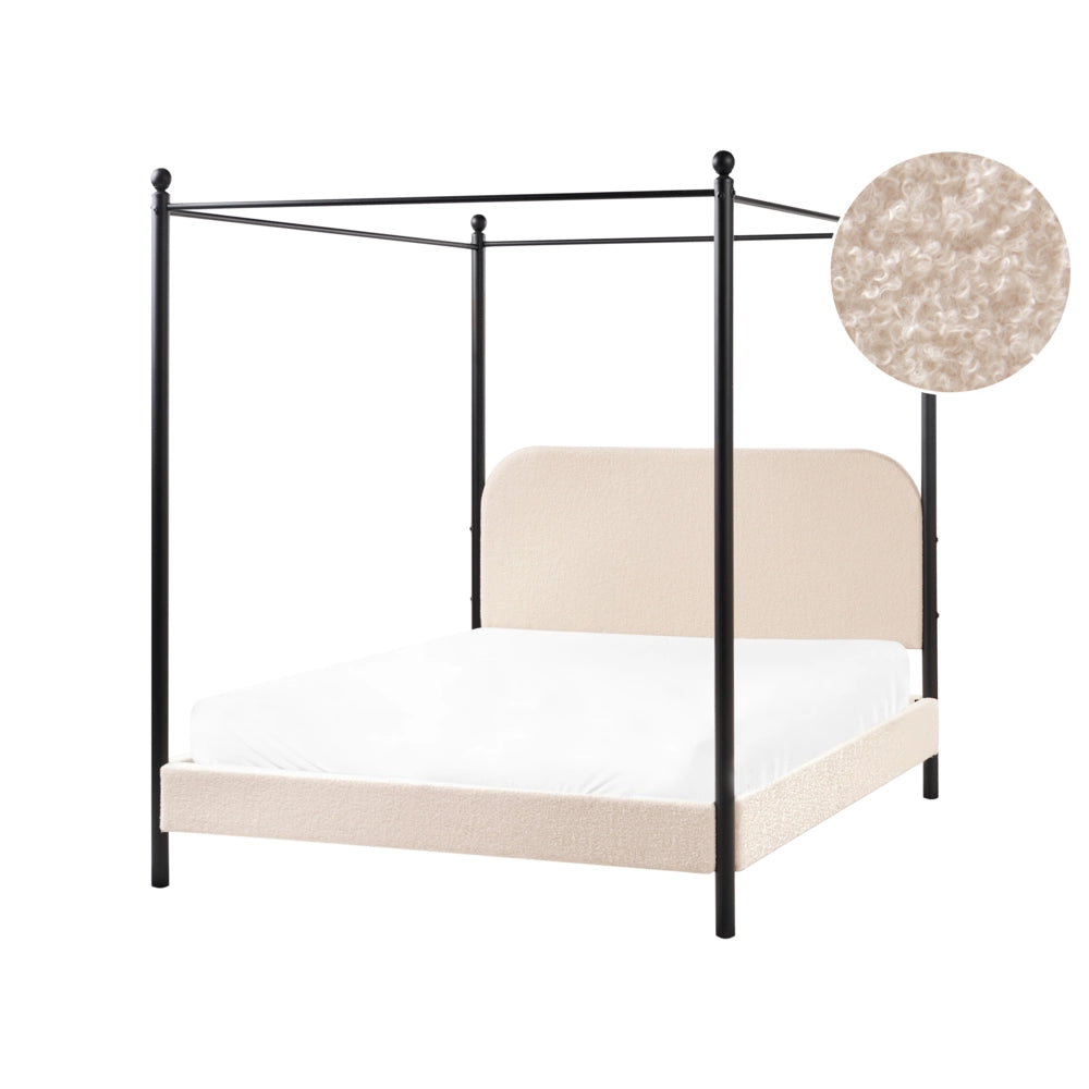 Letto a baldacchino in metallo nero con rivestimento in bouclé beige 140 x 200 cm EU Dimensioni doppie Retro Minimalista