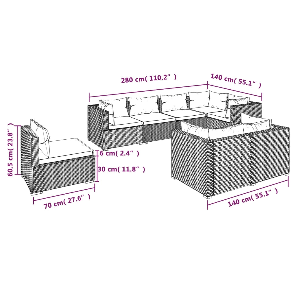 Set Divani da Giardino 8 pz con Cuscini in Polyrattan Nero cod mxl 35114