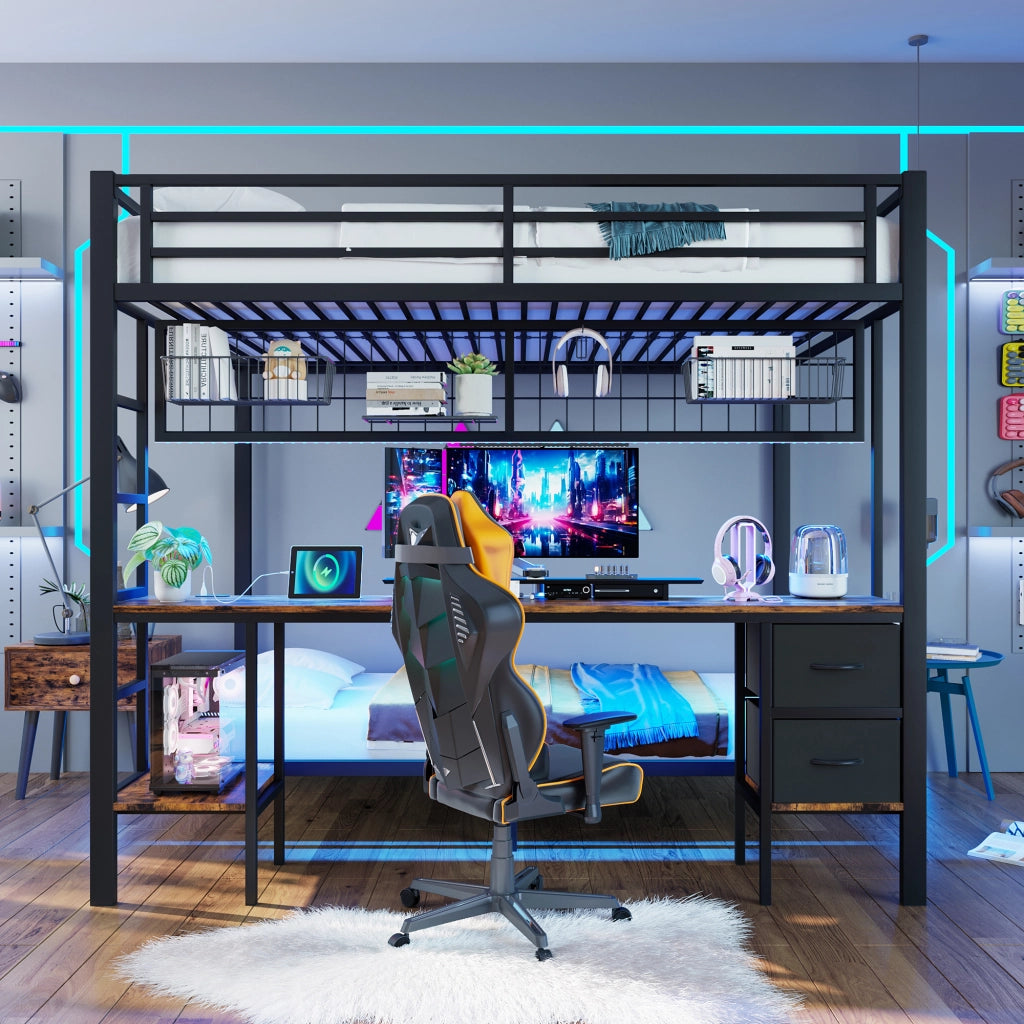 Letto a soppalco 140×200 cm con cassetti; ripiani; griglia; scrivania; LED e USB; senza materasso; metallo; nero