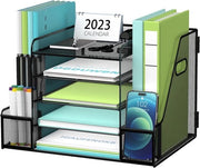 Organizzatore per scrivania a rete con contenitore per documenti, 5 livelli di organizzatore per carta e buste con contenitore per riviste, organizzatore per scrivania e spazio di archiviazione con cassetto per materiali di ufficio, nero