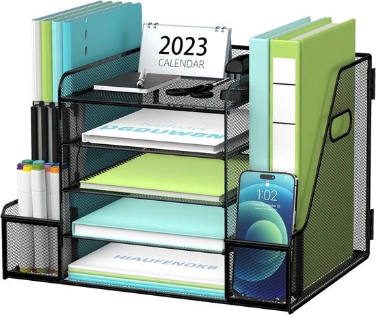 Organizzatore per scrivania a rete con contenitore per documenti, 5 livelli di organizzatore per carta e buste con contenitore per riviste, organizzatore per scrivania e spazio di archiviazione con cassetto per materiali di ufficio, nero