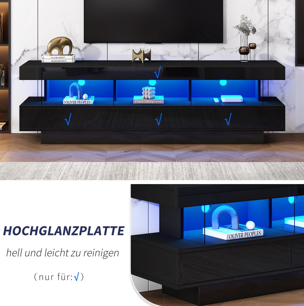 Mobile TV nero lucido 160 cm con LED Bluetooth e 3 vani in vetro