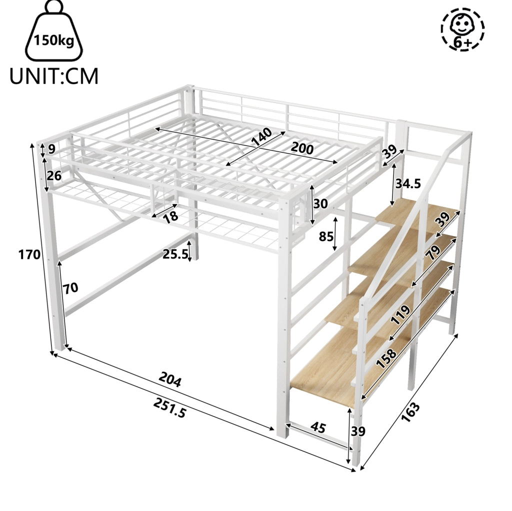 Hochbett 251.5x163x170 cm con illuminazione LED; scaffale a gradini e cestello; MDF e metallo; bianco