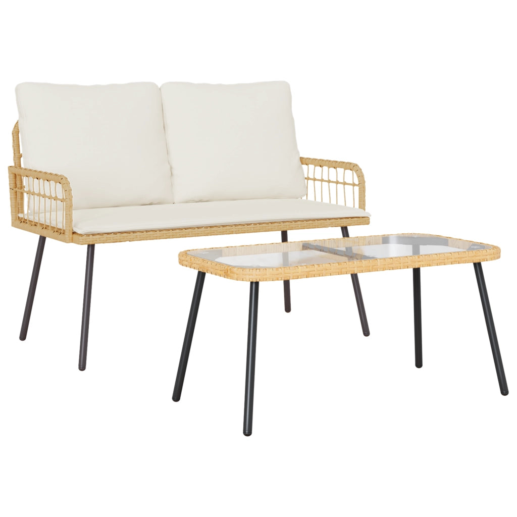 Set da Pranzo da Giardino 2 Pezzi con Cuscini in Polyrattan Naturale