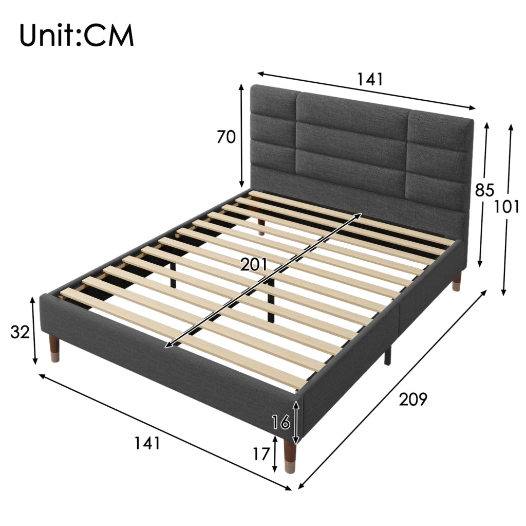 Letto matrimoniale imbottito 140x200 cm grigio con rete a doghe