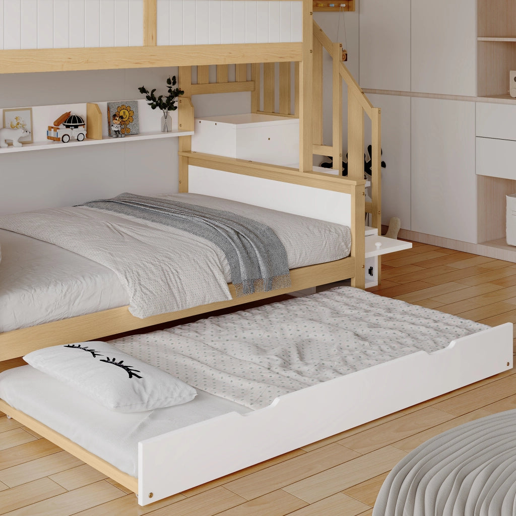 DESMIU Letto a castello per bambini 90 × 200 cm e 120 × 200 cm con letto estraibile, scala, armadio, senza materasso