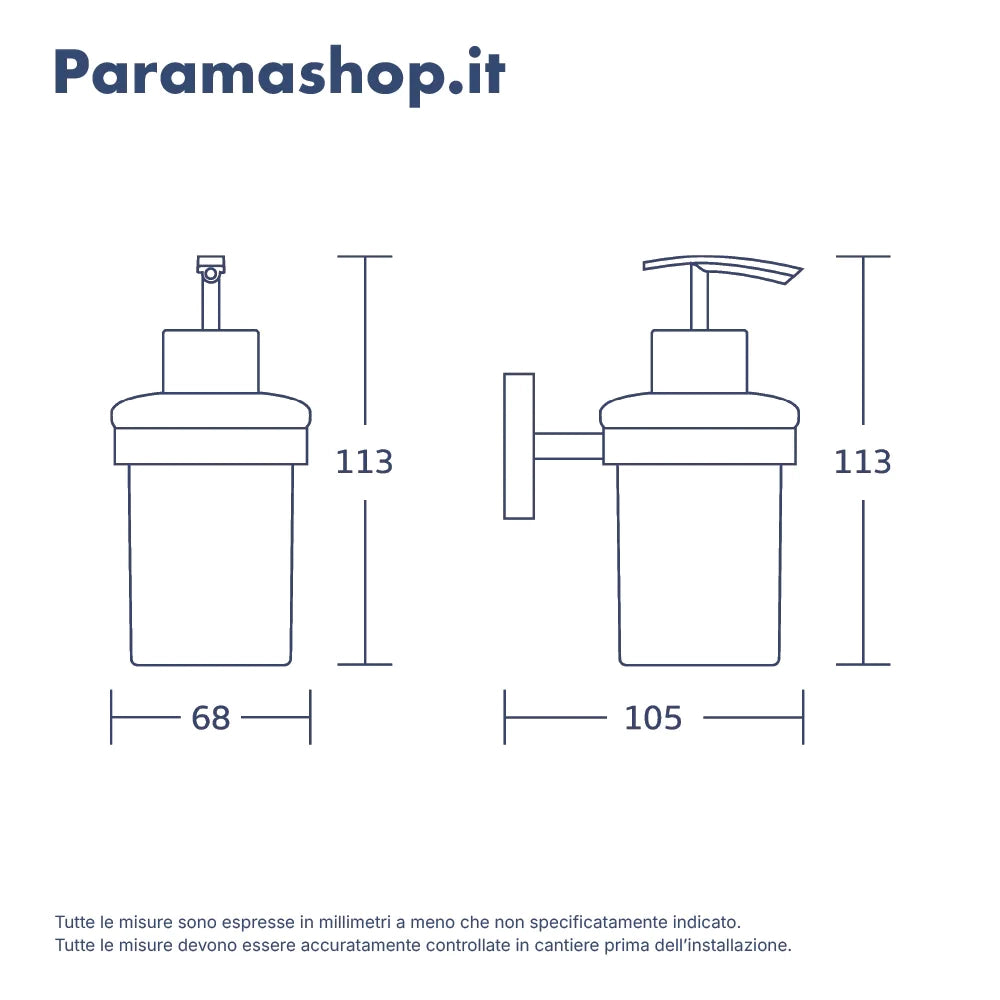 Dispenser sapone a muro in zinco cromato e bicchiere in vetro | Spin