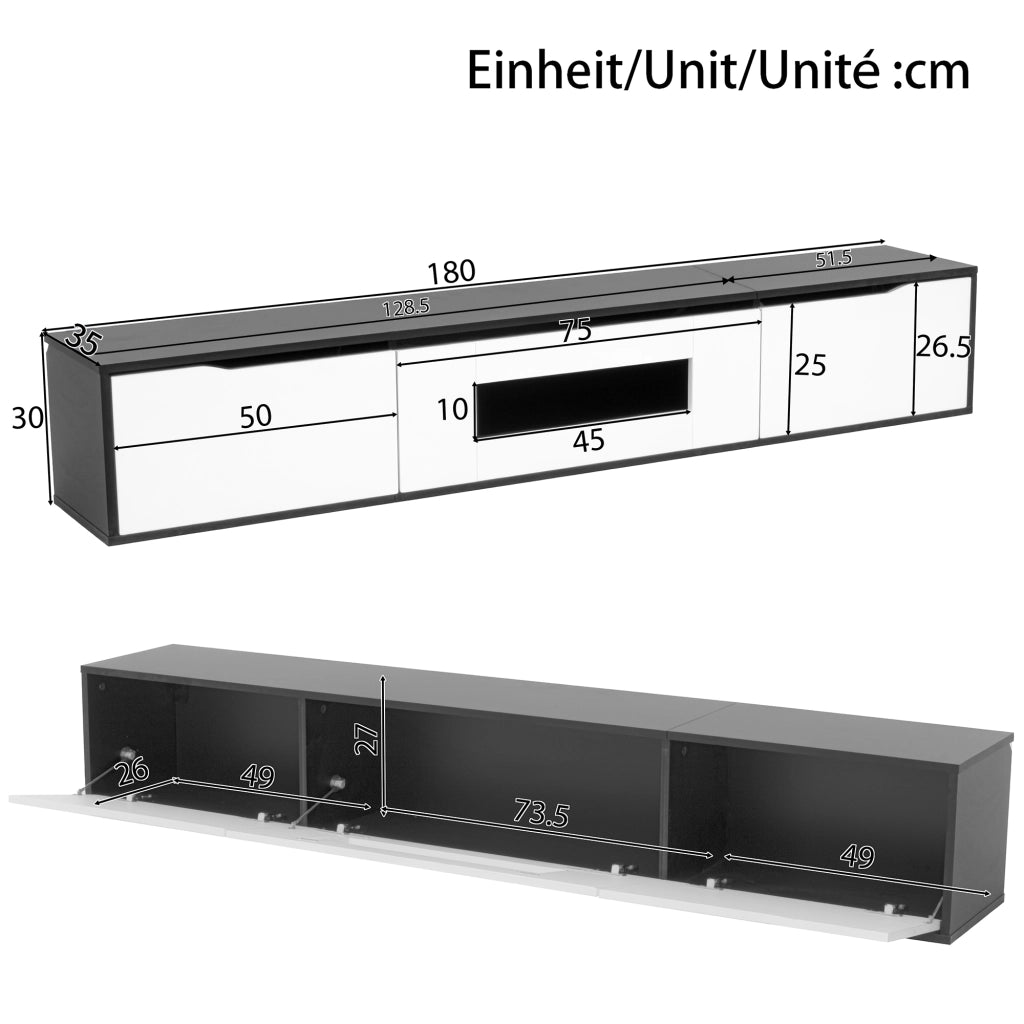 Mobile TV con 2 Ante Traforate e LED USB; Lucido Nero e Bianco; Stile Moderno; 180??35??30 cm; in MDF