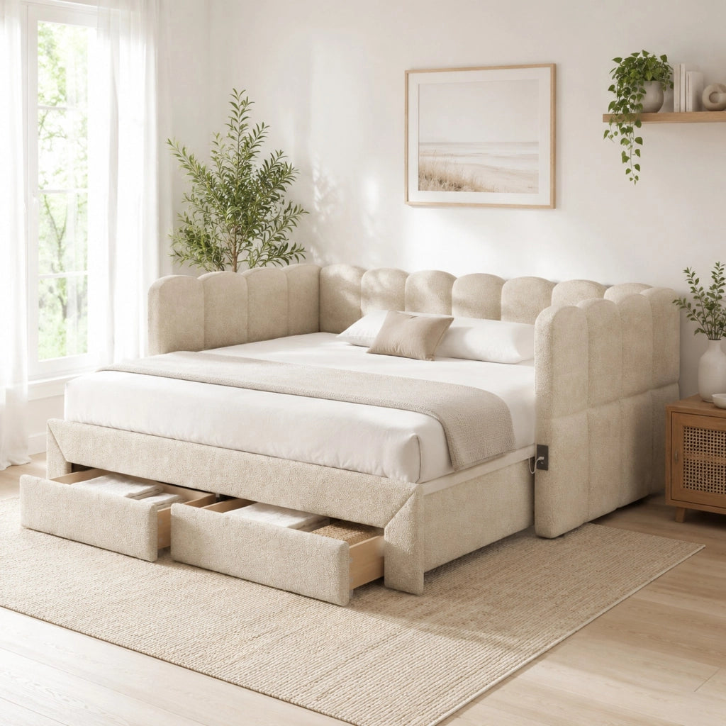 Daybed estraibile 90x190 cm trasformabile in 180x190 cm; con cassetti; USB e Type-C; beige