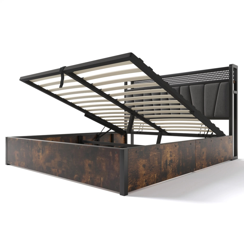 Letto matrimoniale in metallo con LED RGBW, USB e contenitore