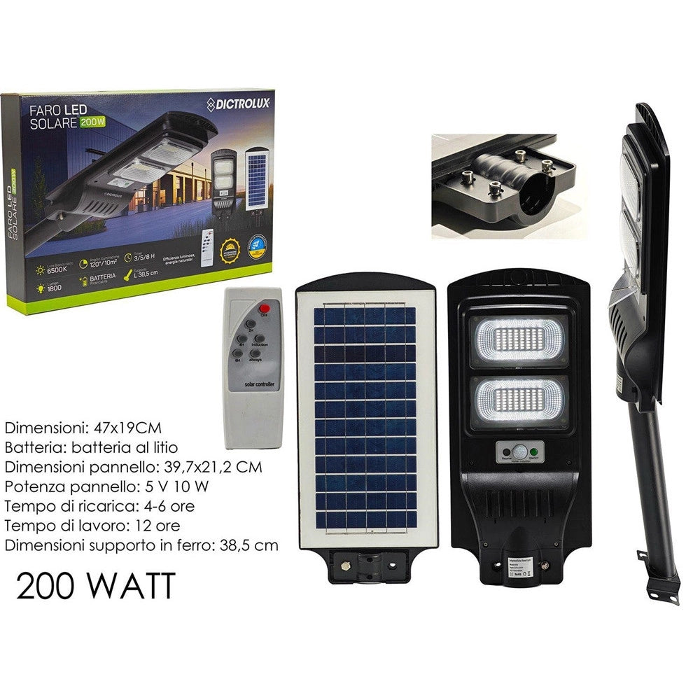 Trade Shop - Lampione Stradale Faretto Pannello Solare Led 200 Watt 1800 Lm Con Telecomando Supporto -