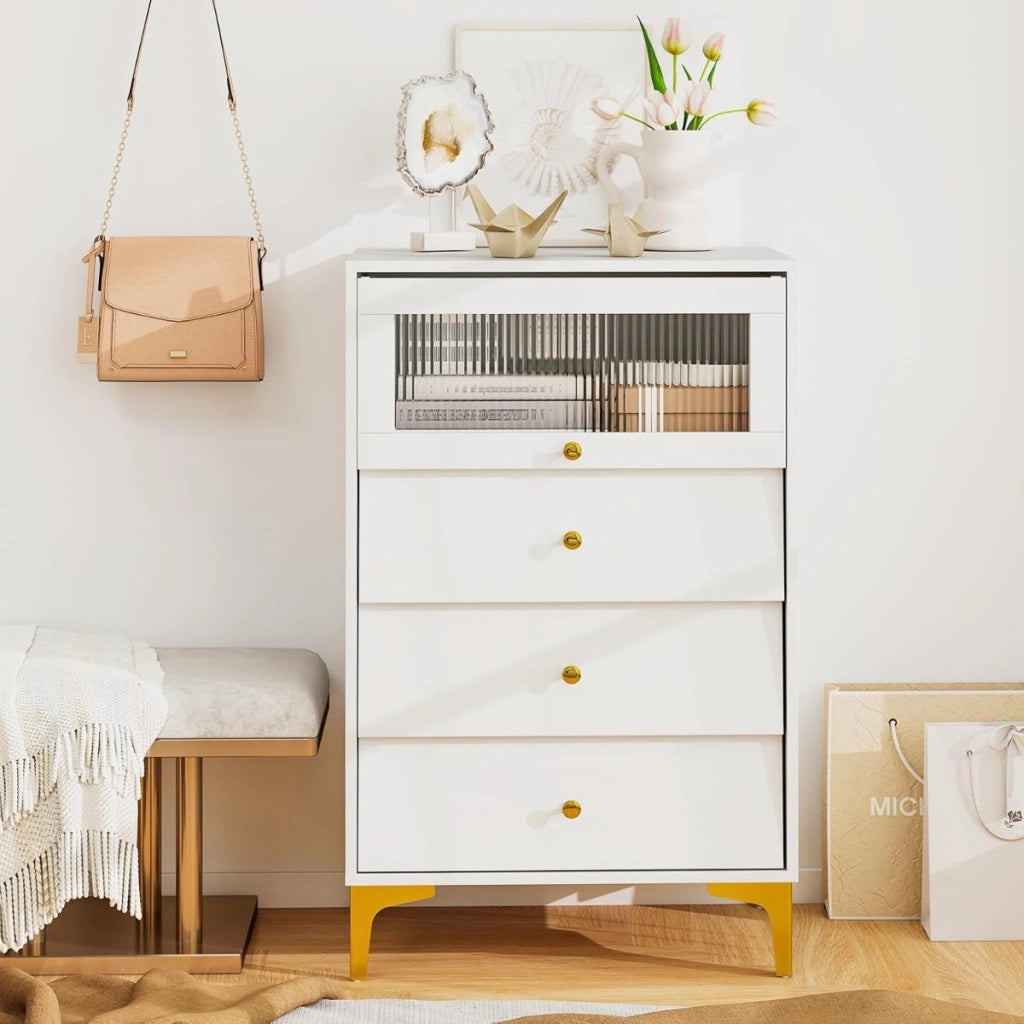 Com¨° 3 cassetti mobiletto moderno con porta in vetro a ribalta e cassetti estraibili, Gambe in metallo dorato e design anti-ribaltamento Bianco