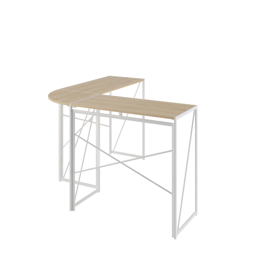 Scrivania angolare a L con struttura in metallo e piano in legno, finitura White Oak