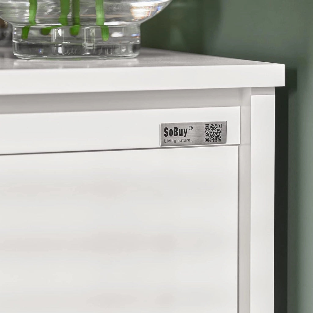 Armadio da Bagno – Mobile da Bagno Salvaspazio con Ripiani e Porte, Credenza in Legno Stretto per Corridoio e Soggiorno, Bianco, 60 x 90 x 26 cm, BZR13-W