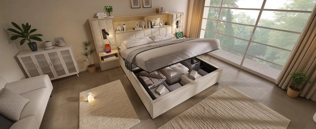 Letto matrimoniale contenitore 160 × 200 cm con 2 comodini, USB, Type-C, 2 lampade da lettura, senza materasso