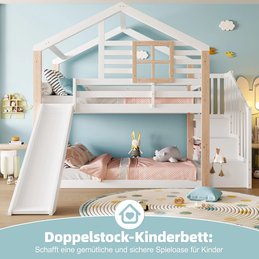 Letto a castello con scivolo e scala in legno bianco 90x200 cm