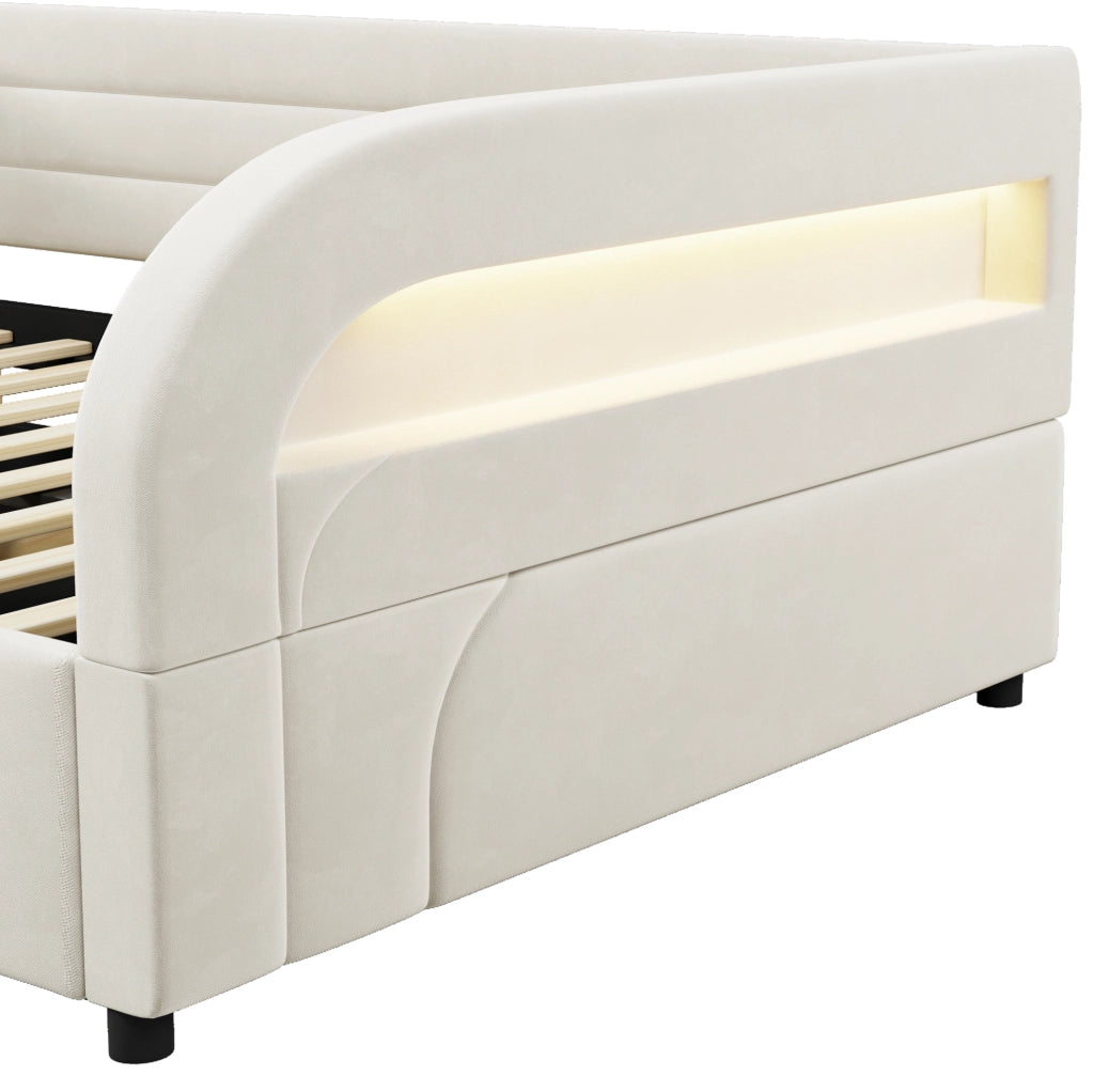 Letto imbottito 140x200 cm con contenitore idraulico e LED; in flanella beige