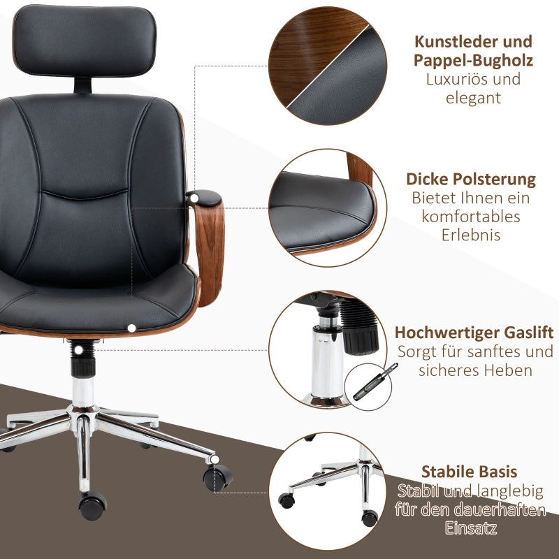 Sedia da ufficio ergonomica con schienale alto e poggiatesta removibile in similpelle nera 66 × 65 × 115-125 cm