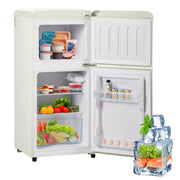 Frigorifero/congelatore in stile retr¨°. Altezza 88,8 cm, larghezza 45,5 cm, due porte, capacit¨¤ totale 60 litri, scomparto congelatore 22 litri.