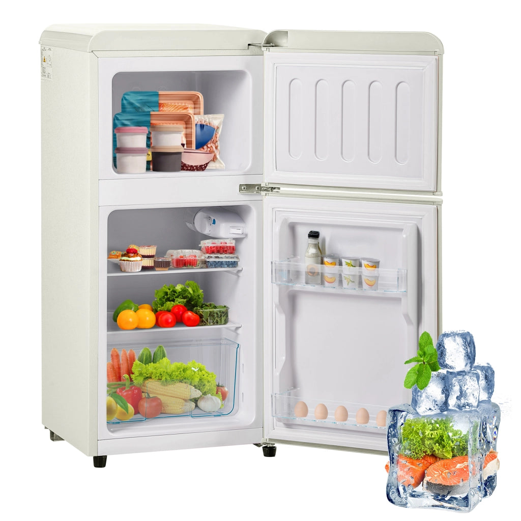 Frigorifero/congelatore in stile retr¨°. Altezza 88,8 cm, larghezza 45,5 cm, due porte, capacit¨¤ totale 60 litri, scomparto congelatore 22 litri.