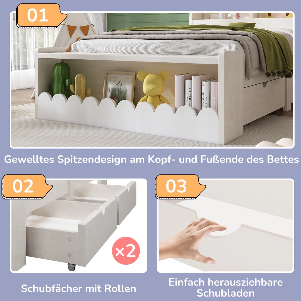 Letto singolo per bambini 90x190 cm con 2 cassetti; scaffali e panca contenitore bianco e rovere chiaro