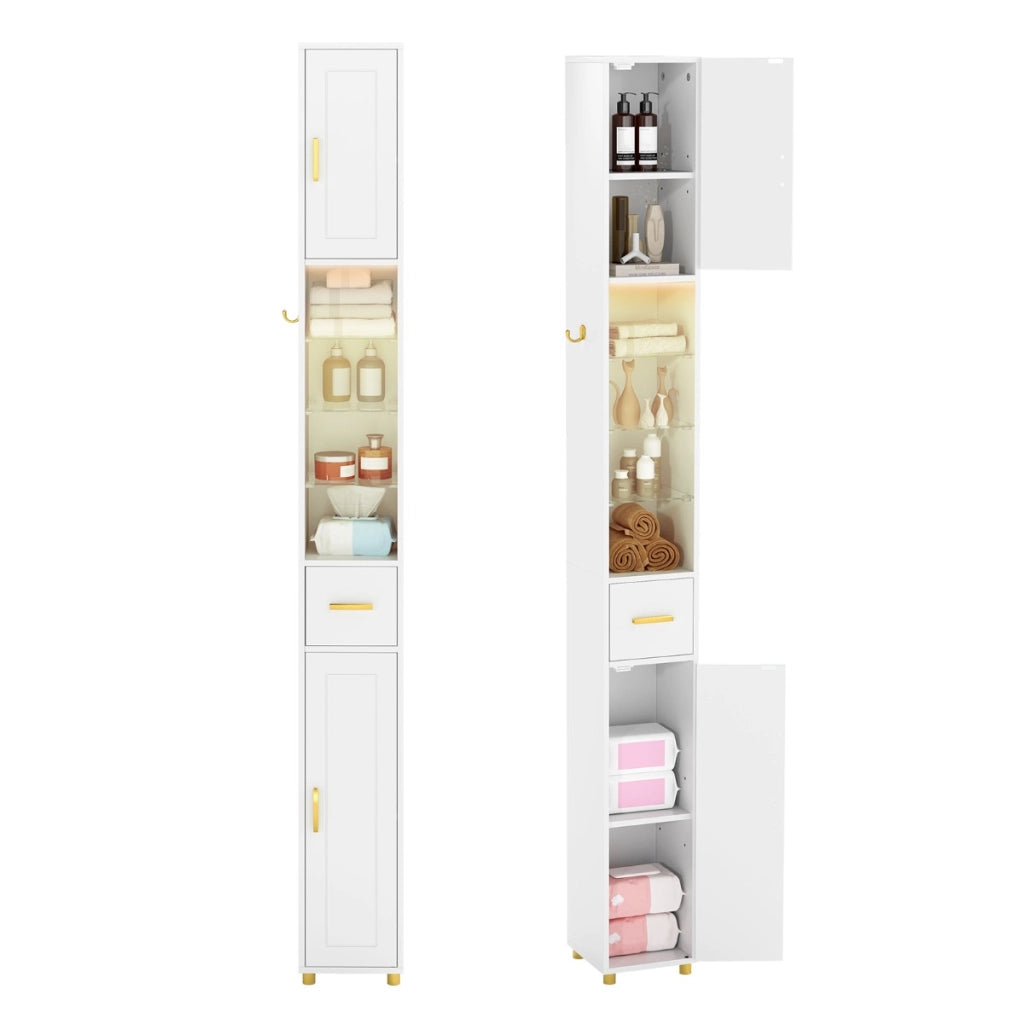 Mobiletto da bagno 181 cm organizzatore con 2 ante ripiani regolabili, Mobiletto da bagno 3 ripiani vetro temperato Bianco-Armadietti da bagno