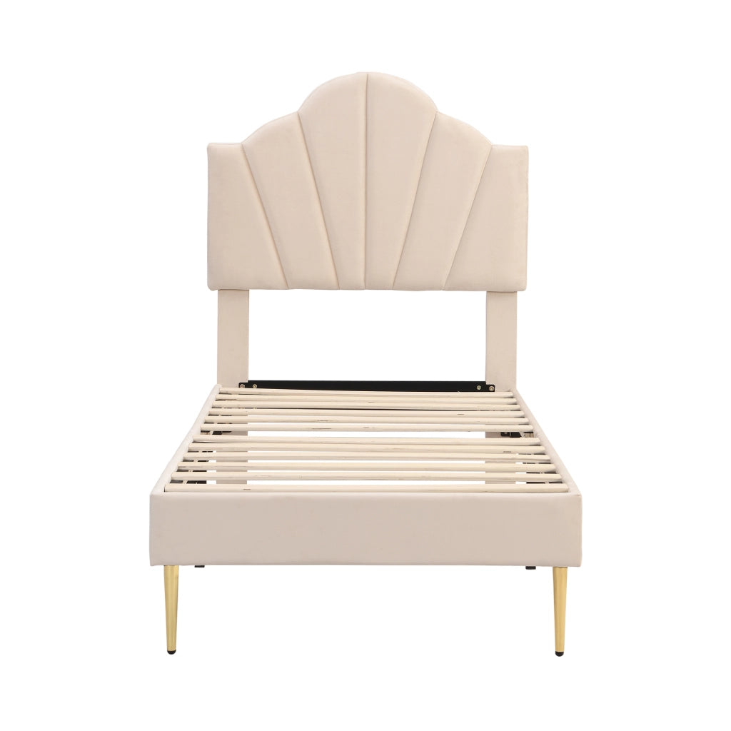 Letto imbottito matrimoniale 90x200 cm in velluto beige con testiera regolabile e rete a doghe
