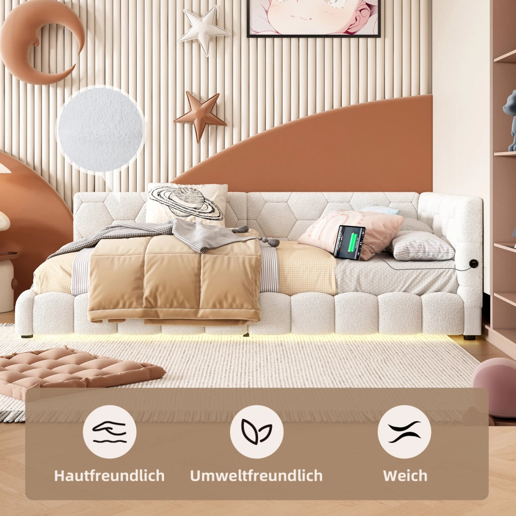 LETTO DAYBED 90x200 cm Bianco in Vliesimitat e MDF con LED, USB e Tipo-C
