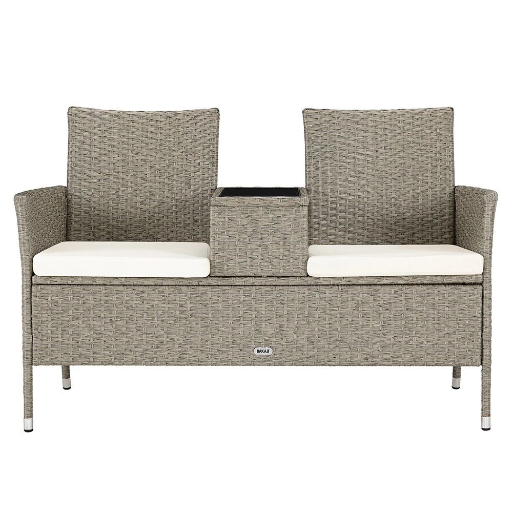 Divano Panca da Giardino Crema in Polyrattan Panchina Divanetto con Ripiano Vetro