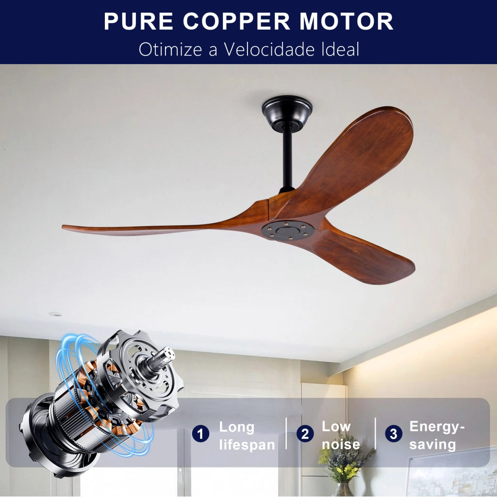 Ventilatore da soffitto 52 pollici, 3 pale legno, design ad elica, funzione memoria, telecomando, finitura noce, per terrazze e soggiorni