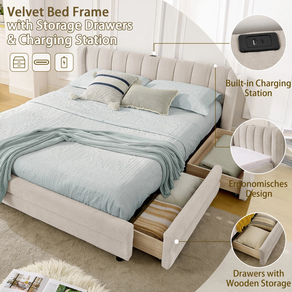 Letto con cassetti 140 × 200 cm con 4 cassetti laterali; testiera imbottita con USB e Type-C; chenille beige