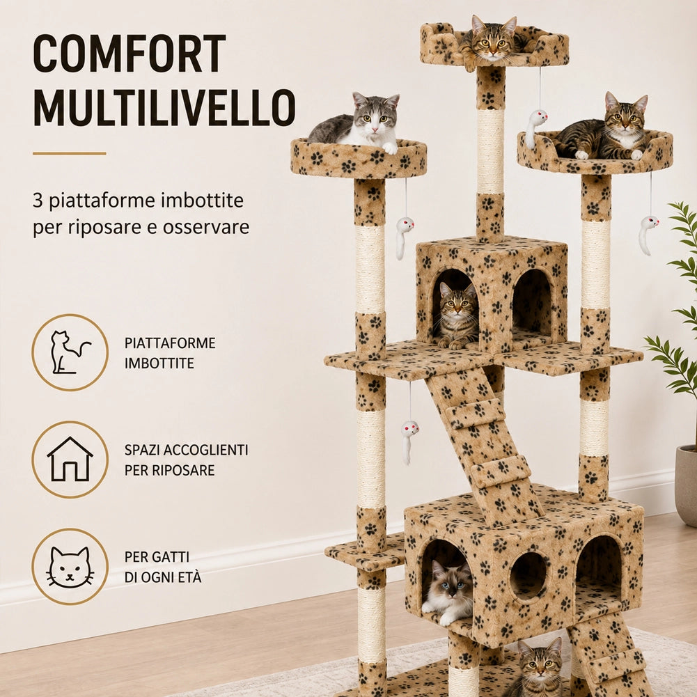 Tiragraffi per Gatti Albero Sisal Parco Giochi Gatto Tira Graffi 170cm Beige