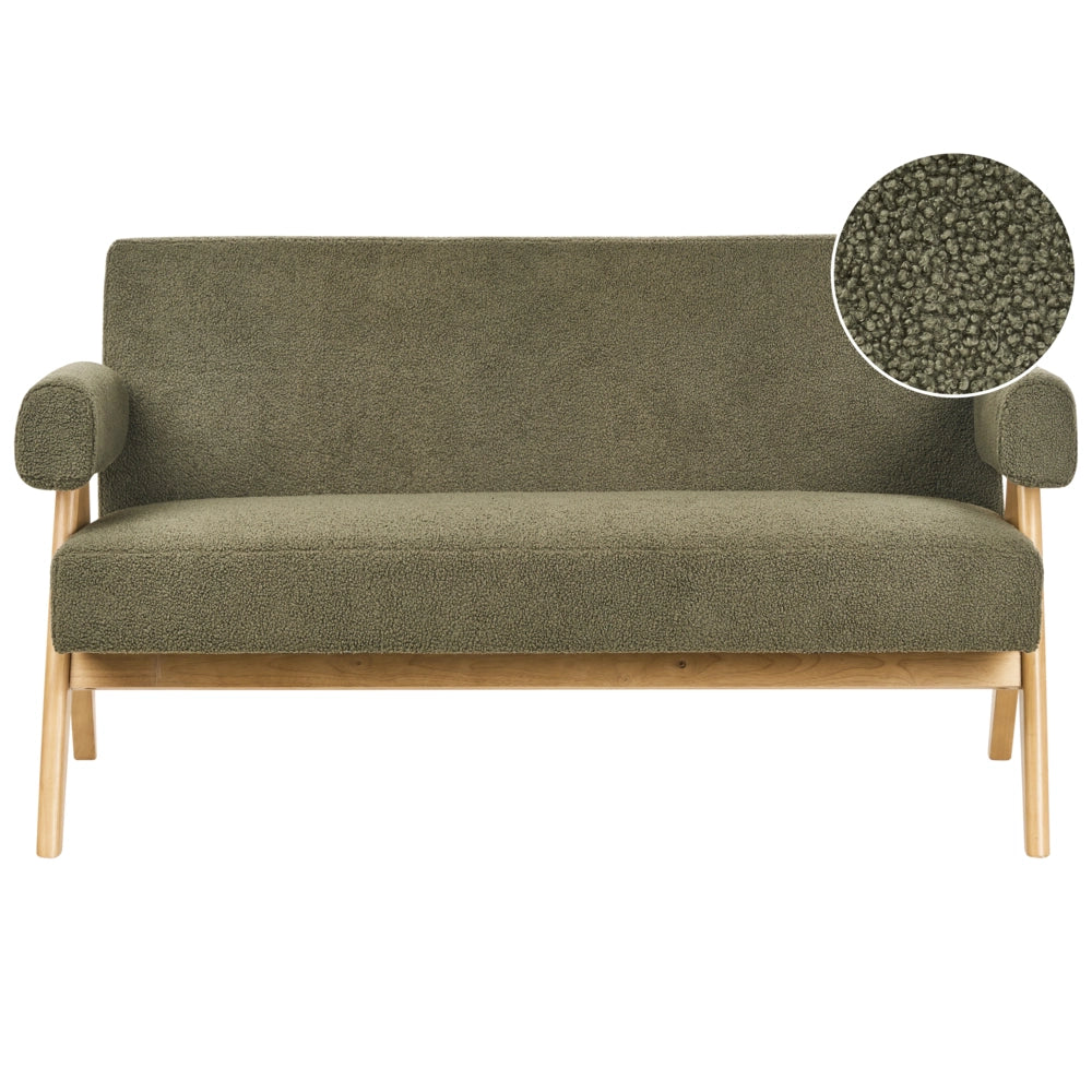 Divano a 2 posti Rivestimento in bouclé verde e marrone chiaro Design retrò Gambe in legno Soggiorno