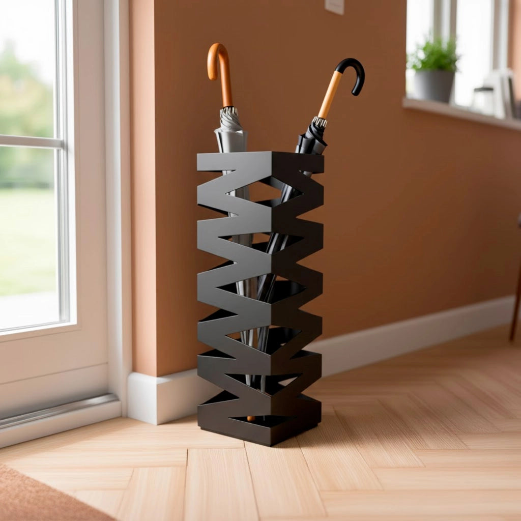 Portaombrelli In Acciaio Zincato Per Casa E Ufficio Con Intarsi Decorativi Base Antiscivolo Vaschetta Scolapioggia 2 Ganci Removibili Design Moderno Ingresso 49 X 15.5 X 15.5 Cm Nero