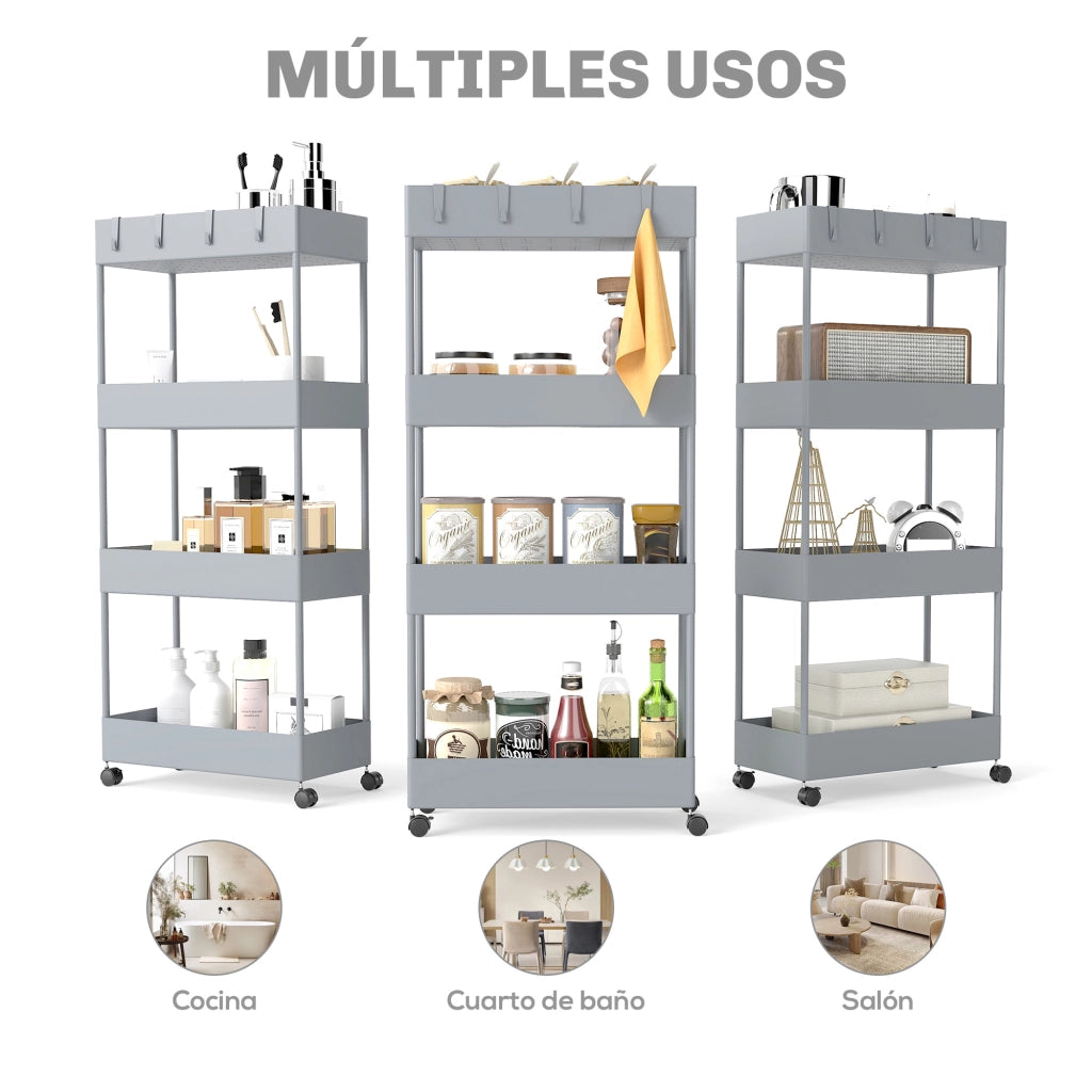 Carrello Multiuso con 4 Cestini e Ruote ¨C zephmum ¨C Grigio 40x19x90 cm