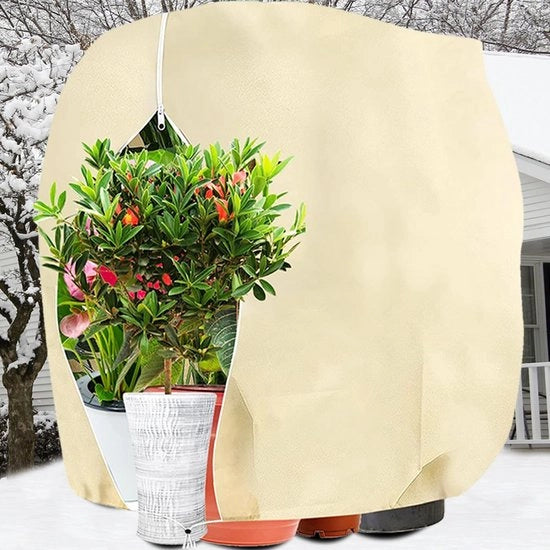 Copertura invernale per piante, copertura invernale per piante in vaso, protezione dal gelo, permeabile, calotta di protezione per piante riutilizzabile con corda per tirare per piante da balcone - beige, 120x140cm