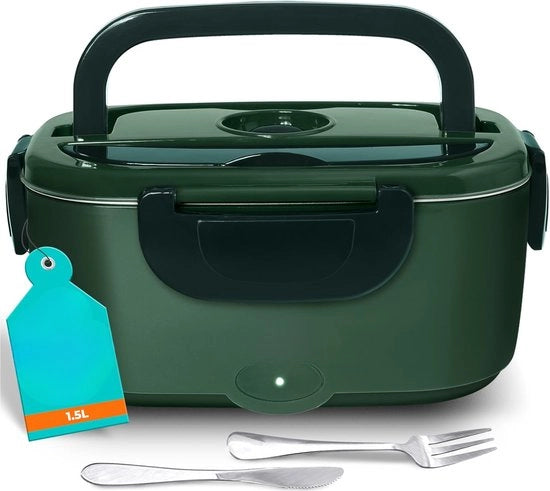 Lunchbox elettrica - riscaldatore alimentare per auto e casa, 3-in-1 (12V/24V/220V), 1,8 l, con forchetta e cucchiaio, 80 W, riscaldamento con piatto rimovibile in acciaio inossidabile.