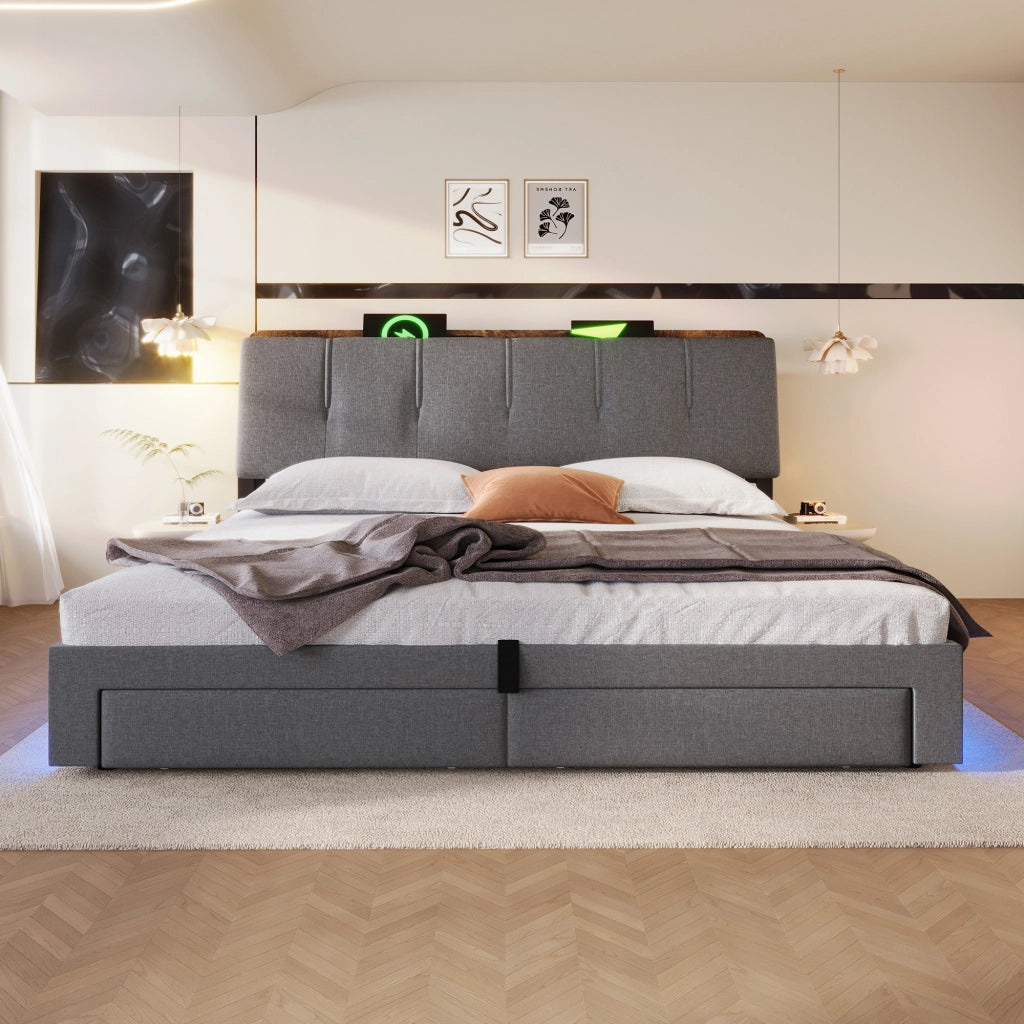 DESMIU Lit con contenitore 180 × 200 cm 2 posti con USB, Type-C, LED e vano idraulico, senza materasso, grigio