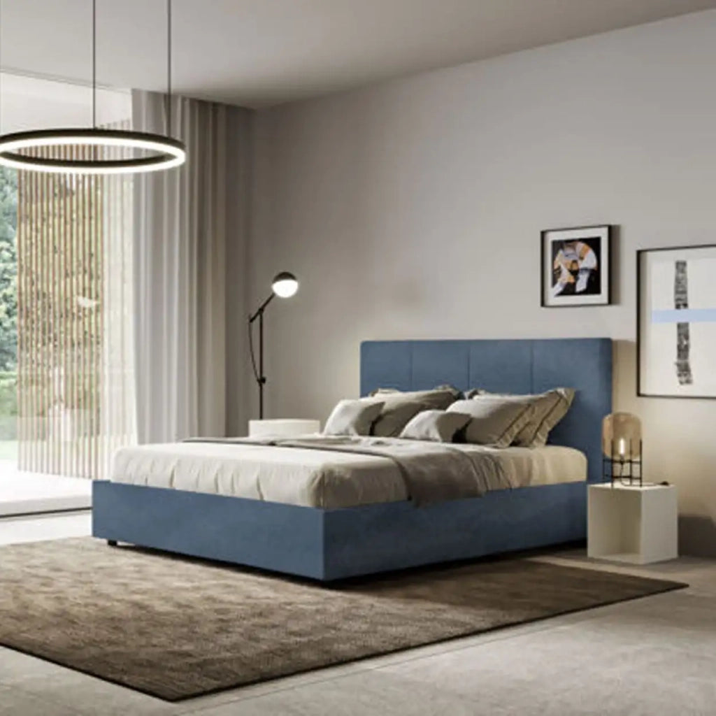 Letto matrimoniale con rete imbottito 160x210 microfibra blu Mika