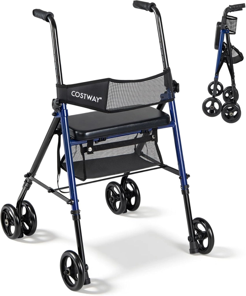 Deambulatore Pieghevole per Anziani, Girello a 4 Ruote con Sedile, Maniglie Regolabili a 8 Livelli, Schienale e Borsa a Rete, Deambulatore Rollator Ultraleggero per Disabil, Portata 136 kg