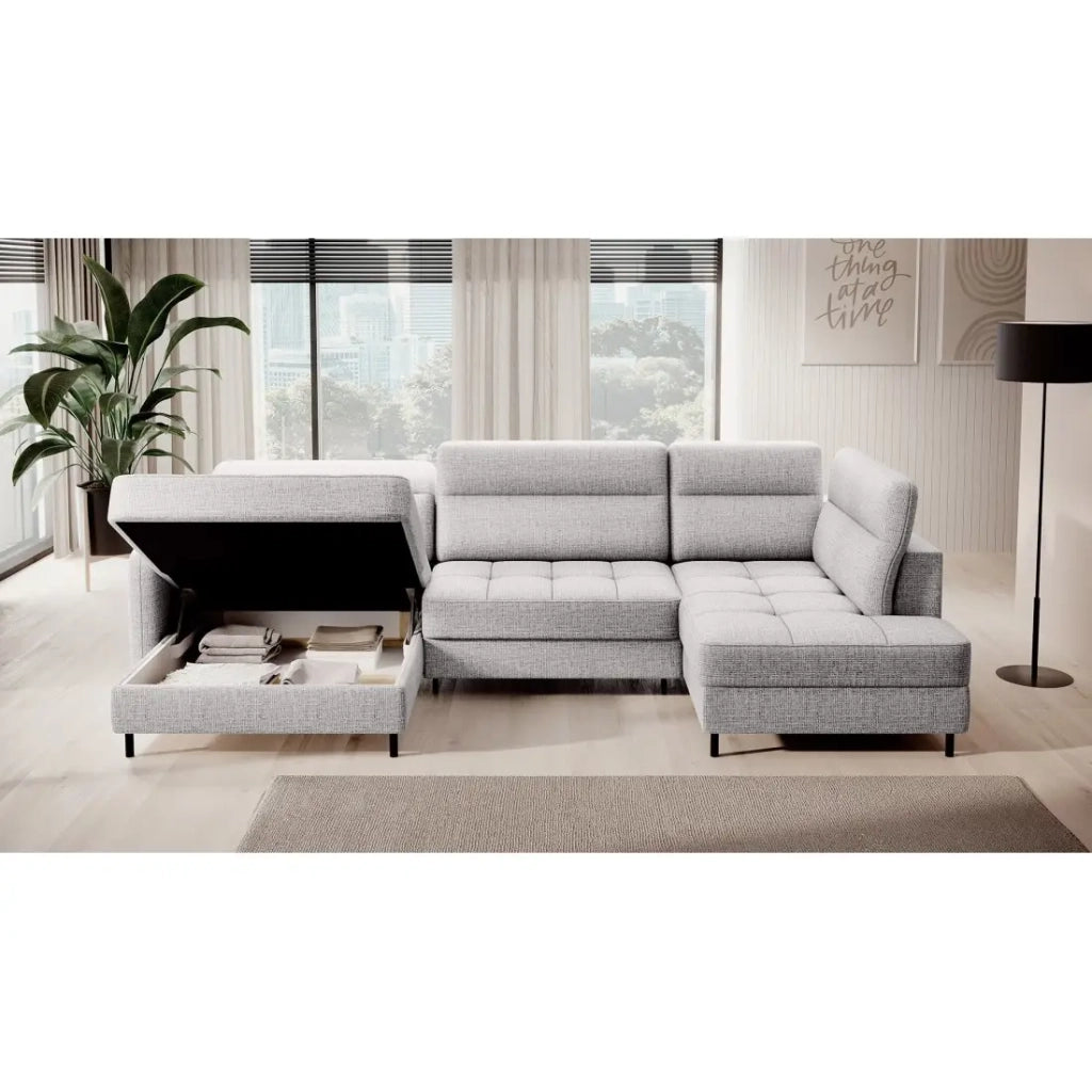 Divano angolare convertibile BERTHO 306 cm grigio chiaro – Angolo sinistro con contenitore
