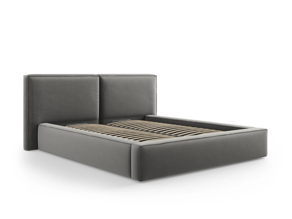 Cosmopolitan Design - Letto a cassettone con testiera doppia "Arendal" 160x200cm in velluto grigio chiaro 