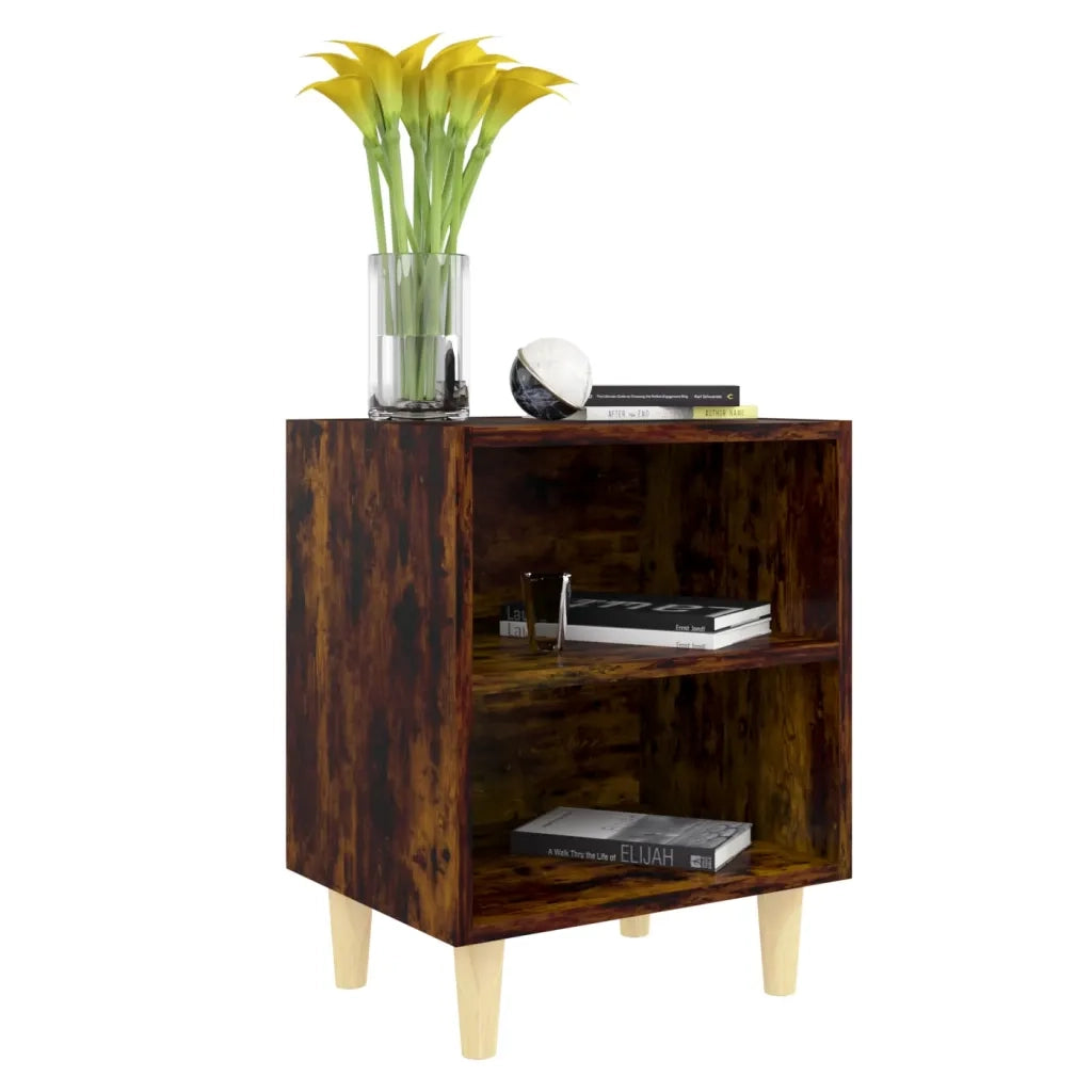 Comodino con Gambe in Legno-Tavolino da notte Massello Rovere Fumo 40x35x50cm