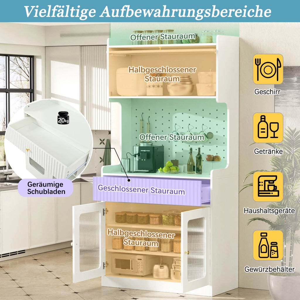Credenza alta con 1 cassetto, ripiani regolabili, LED e vetrina per cucina, soggiorno e sala da pranzo 80 × 40 × 180 cm