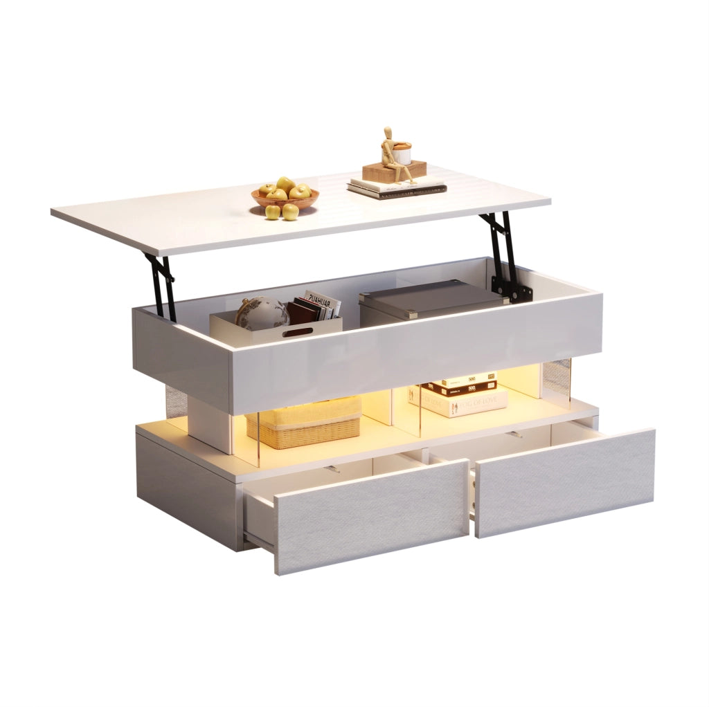 Tavolino da salotto sollevabile 100 x 50 x 46 cm bianco con 2 cassetti e LED