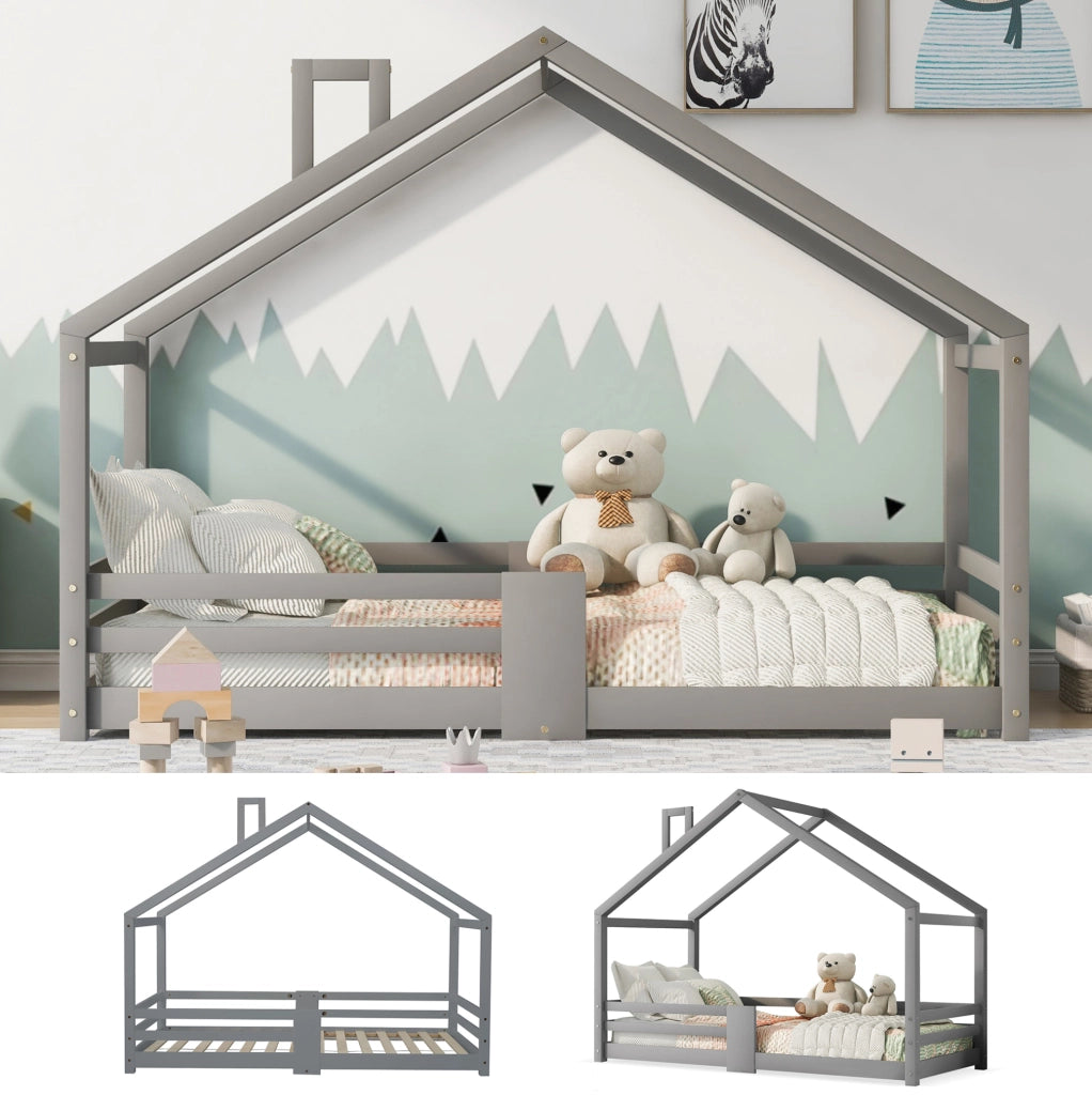 Letto a casetta 90x200 cm con protezione anticaduta; legno; grigio (Senza materasso)