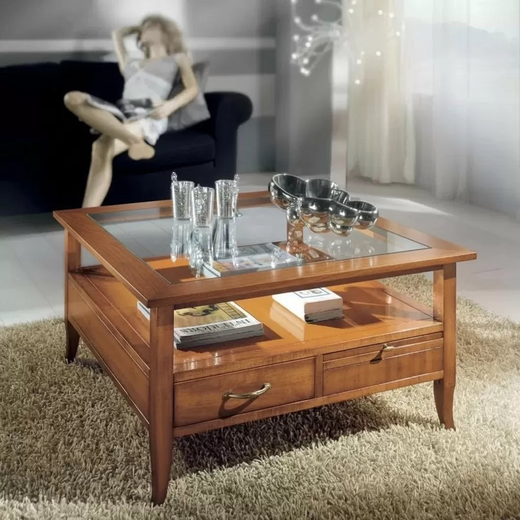 Tavolino quadrato classico 2 cassetti 2 tiretti legno noce bassano 90x90x48 - Mobili 2G
