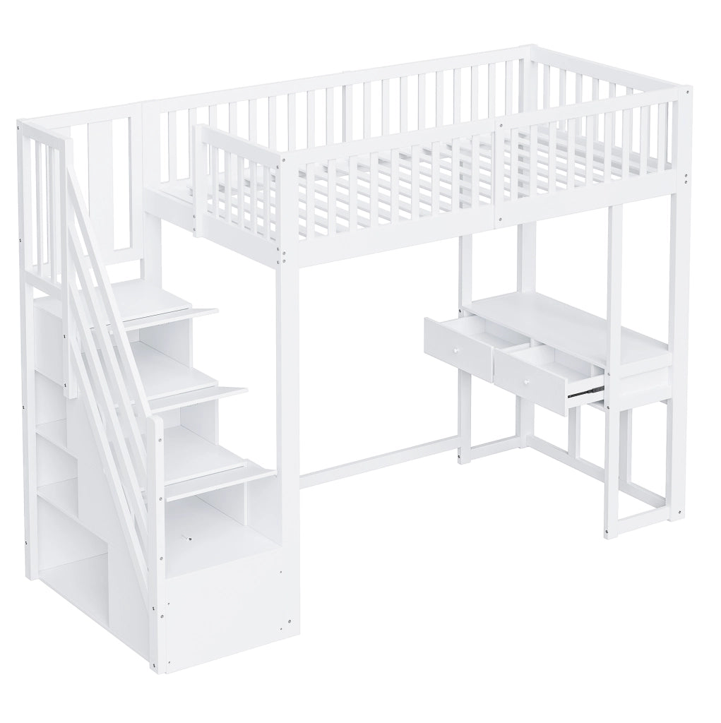 Letto a soppalco 90x200 con scrivania multifunzione e scala contenitore bianco